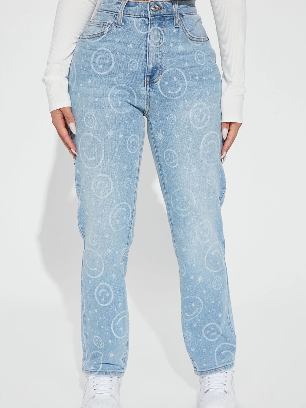 Fashion Nova Just Smile Straight Leg Jeans Light Wash Smiley Print Size 13 / L